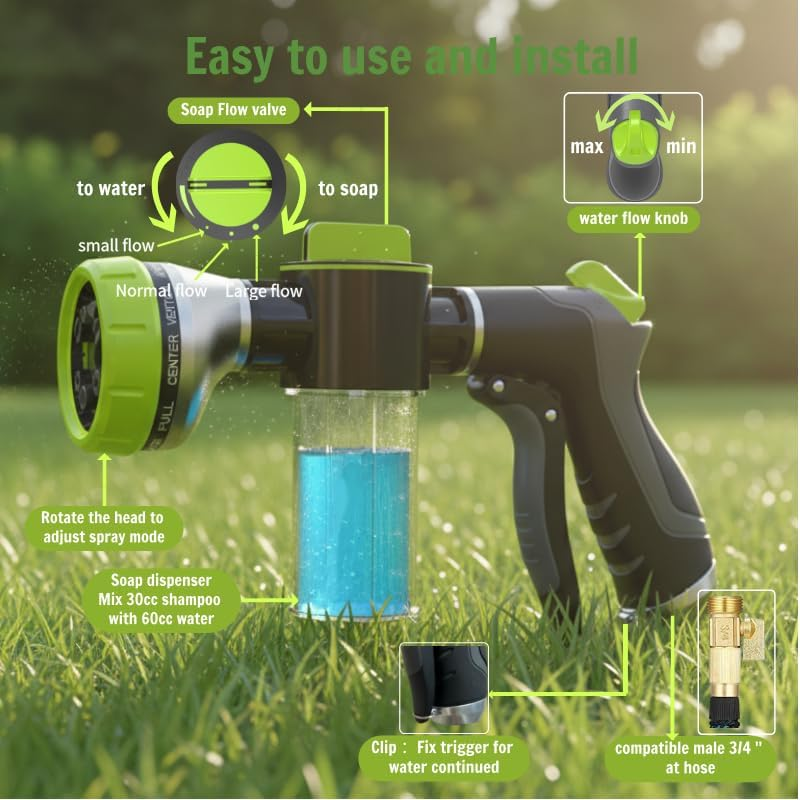 Garden hose sprayer with soap dispenser on grass background