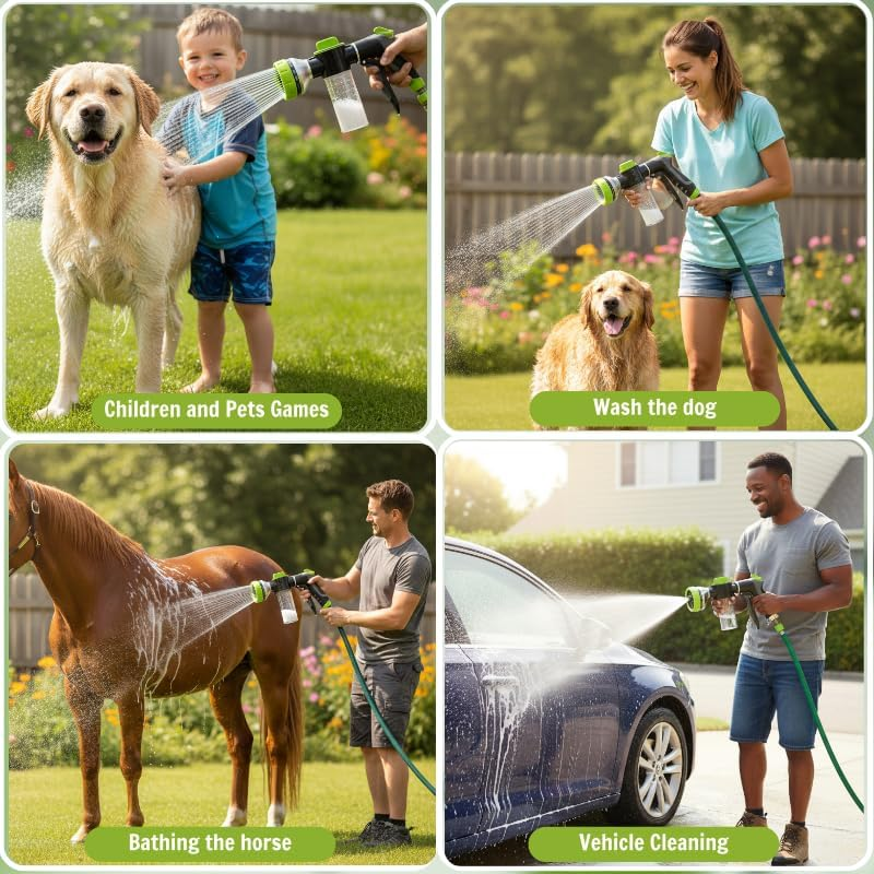Collage of people using a garden hose with various animals and activities.