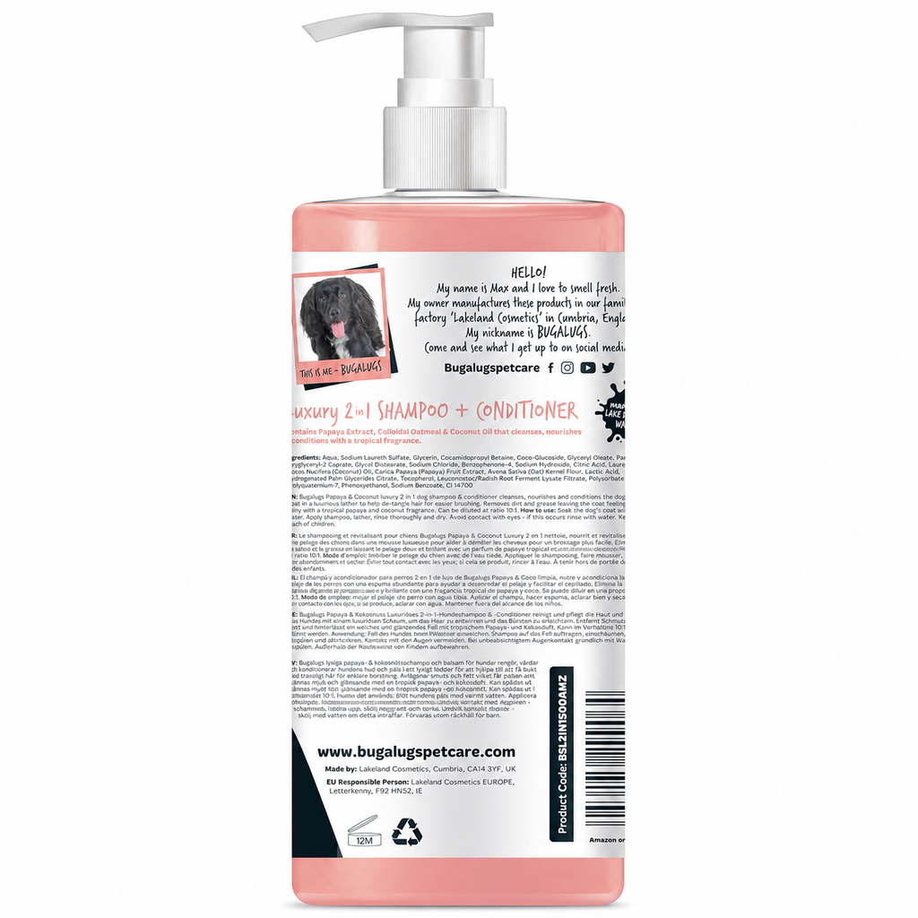 A tall bottle of Bugaloo Pet Care 'Luxury 2-in-1' Shampoo and Conditioner shown from the back, featuring a pink cap and base, a white pump, and a detailed white label with black and pink text.