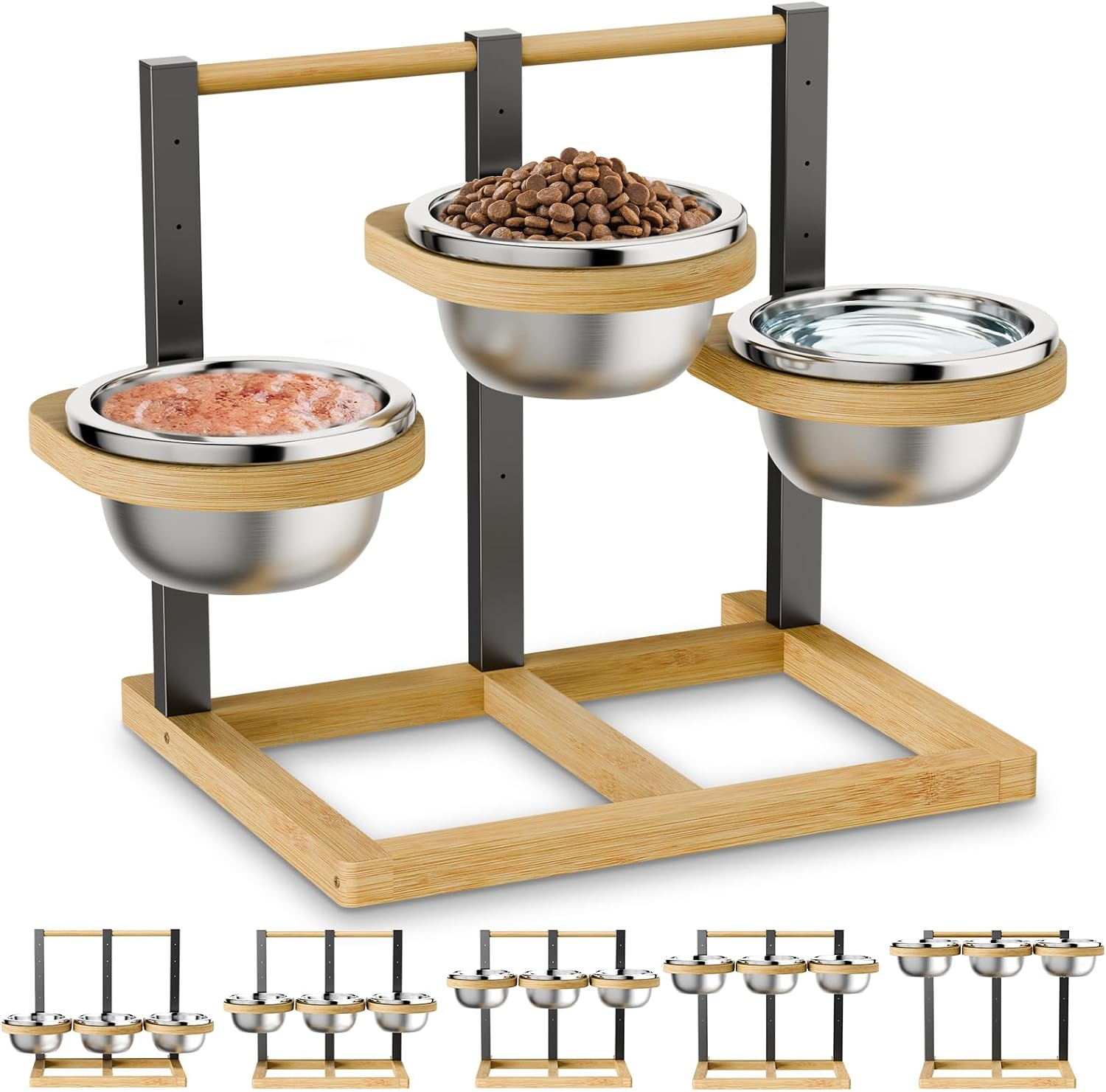 Pet feeding station with three bowls on a wooden stand