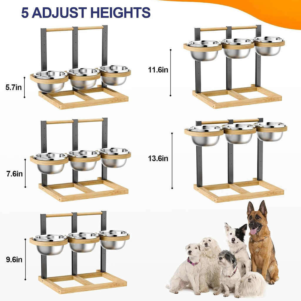 A 5-bowl pet feeder stand shown in multiple height configurations with measurement labels, plus a group of dogs at the bottom. The feeder has a light wood base and frame with dark metal supports and stainless steel bowls.