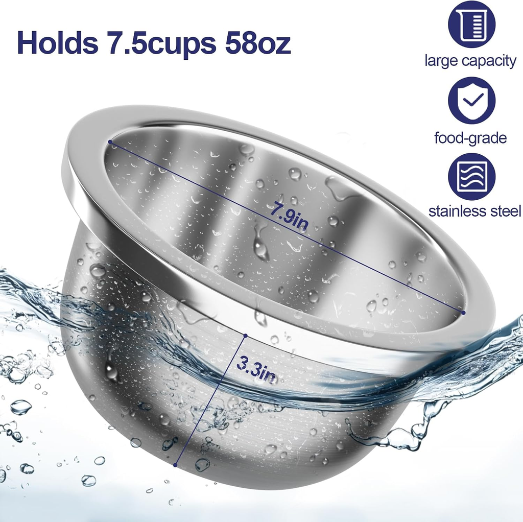 Stainless steel bowl with water splashes and measurements, labeled as large capacity, food-grade, and stainless steel.