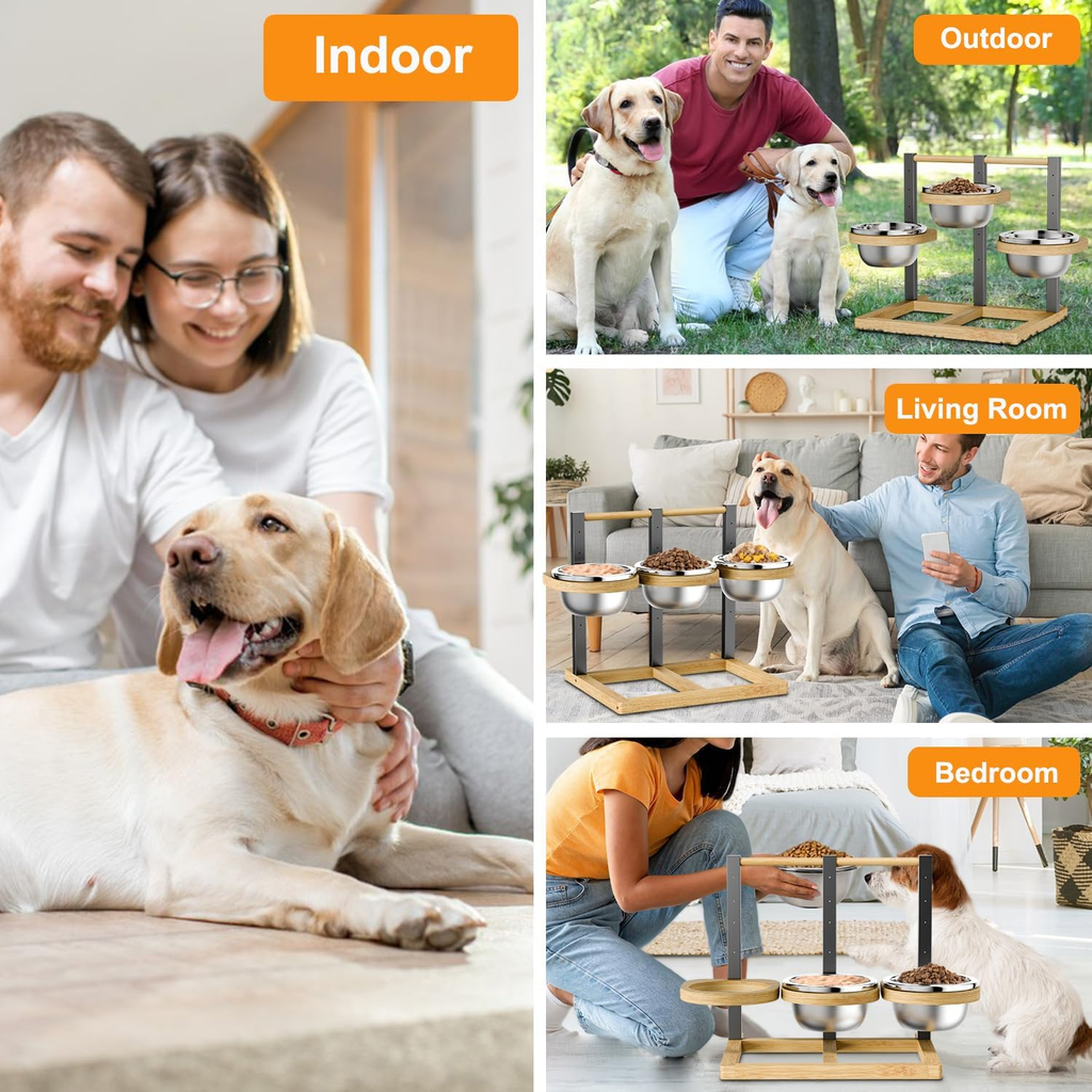 Collage of a man and woman with a dog indoors, a man with two dogs outdoors, a man with a dog in a living room, and a woman with a dog in a bedroom.