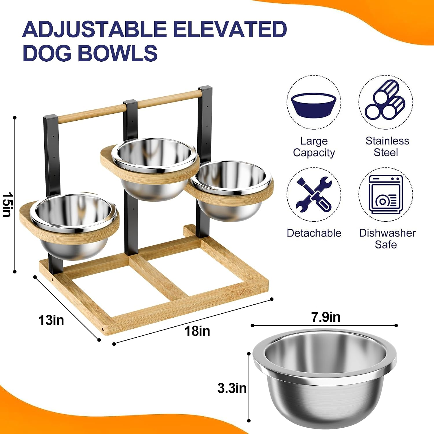 Adjustable elevated dog bowls set with dimensions and feature icons on a white background with orange accents. The product includes a bamboo-style base, black metal supports, and stainless steel bowls.