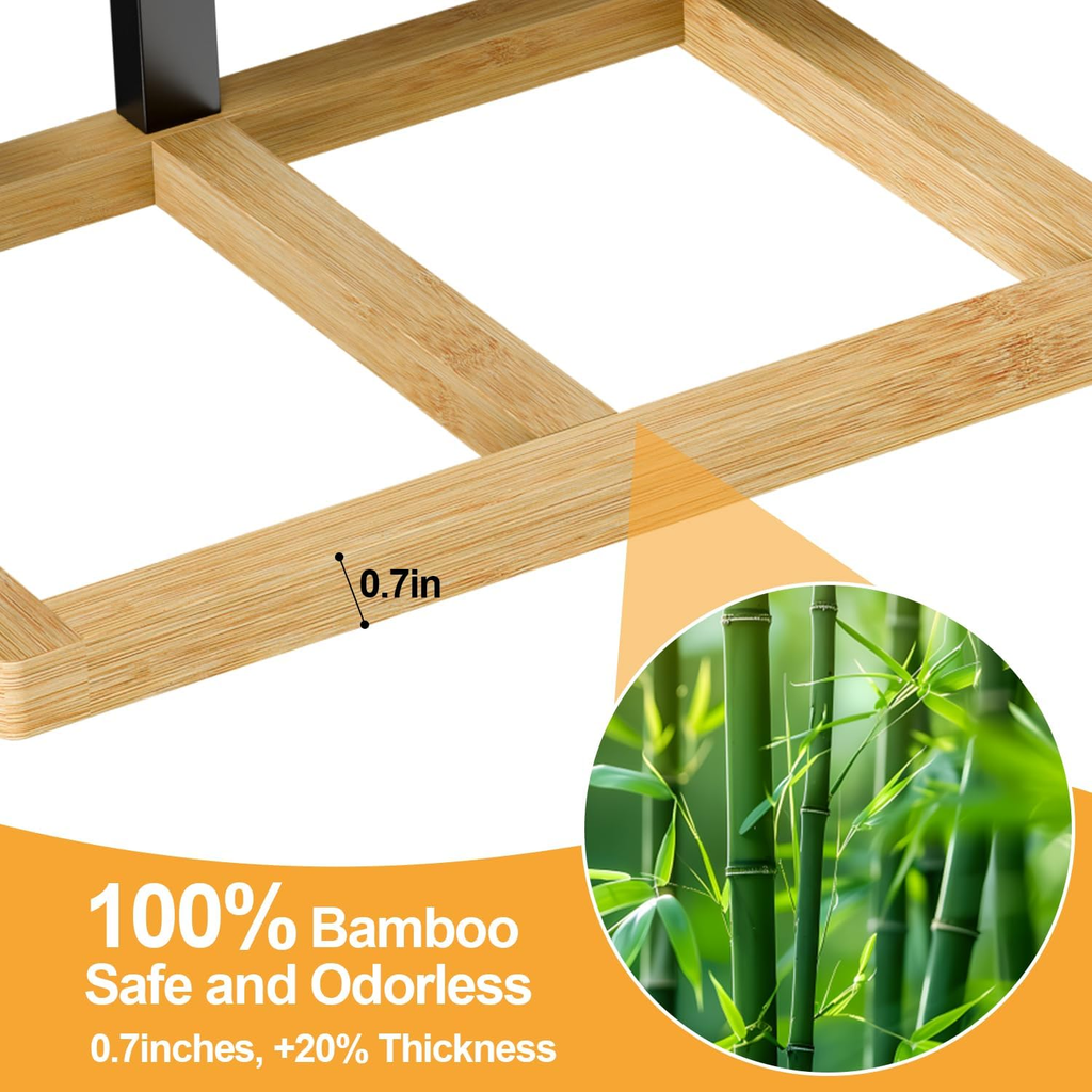 Bamboo shelf with 0.7-inch thickness and close-up of bamboo leaves, labeled as '100% Bamboo Safe and Odorless'.