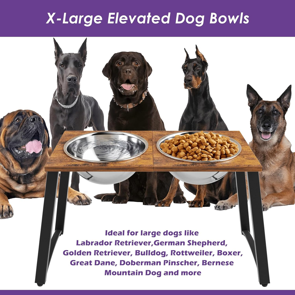X-Large Elevated Dog Bowls with dogs around a wooden table featuring metal and food bowls.