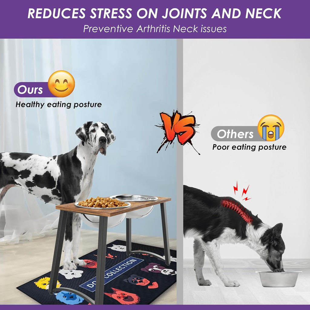 Comparison of a dog with a healthy eating posture versus one with poor posture, highlighting arthritis issues.