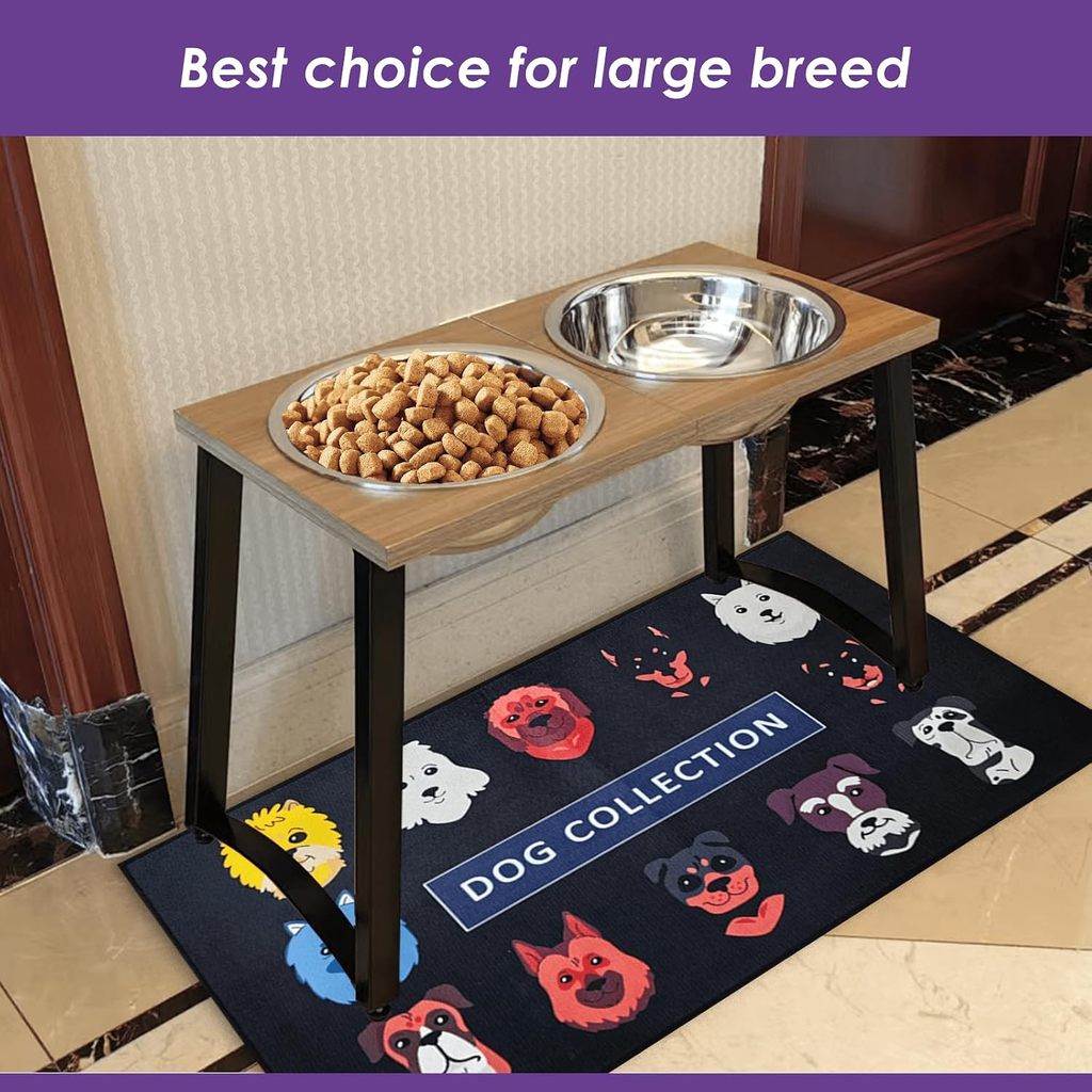 Wooden pet feeding station with two bowls on a mat featuring dog designs.