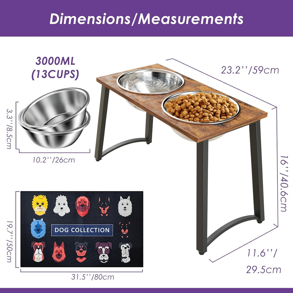 Wooden pet feeding station with metal bowls and measurements on a white background
