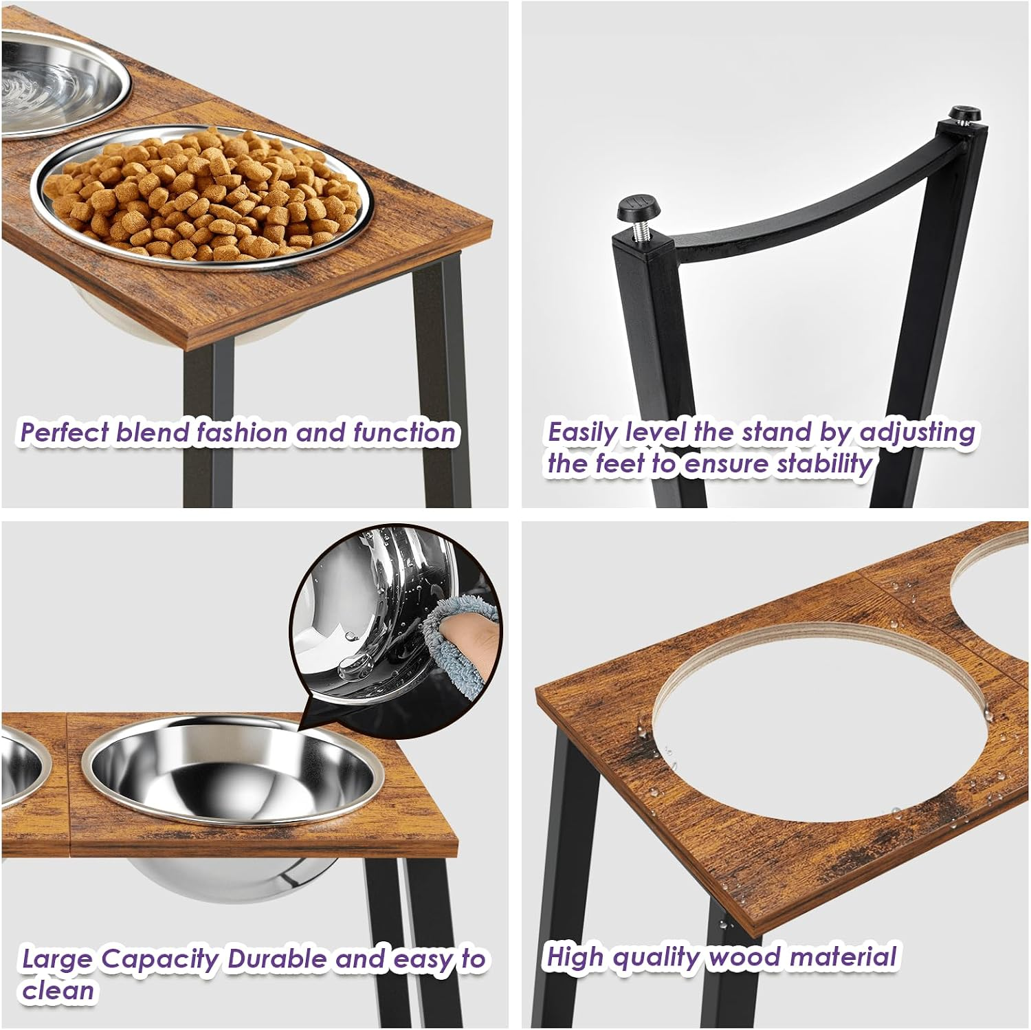 Dog feeding station with wooden surface and metal bowls, featuring text on functionality and design.