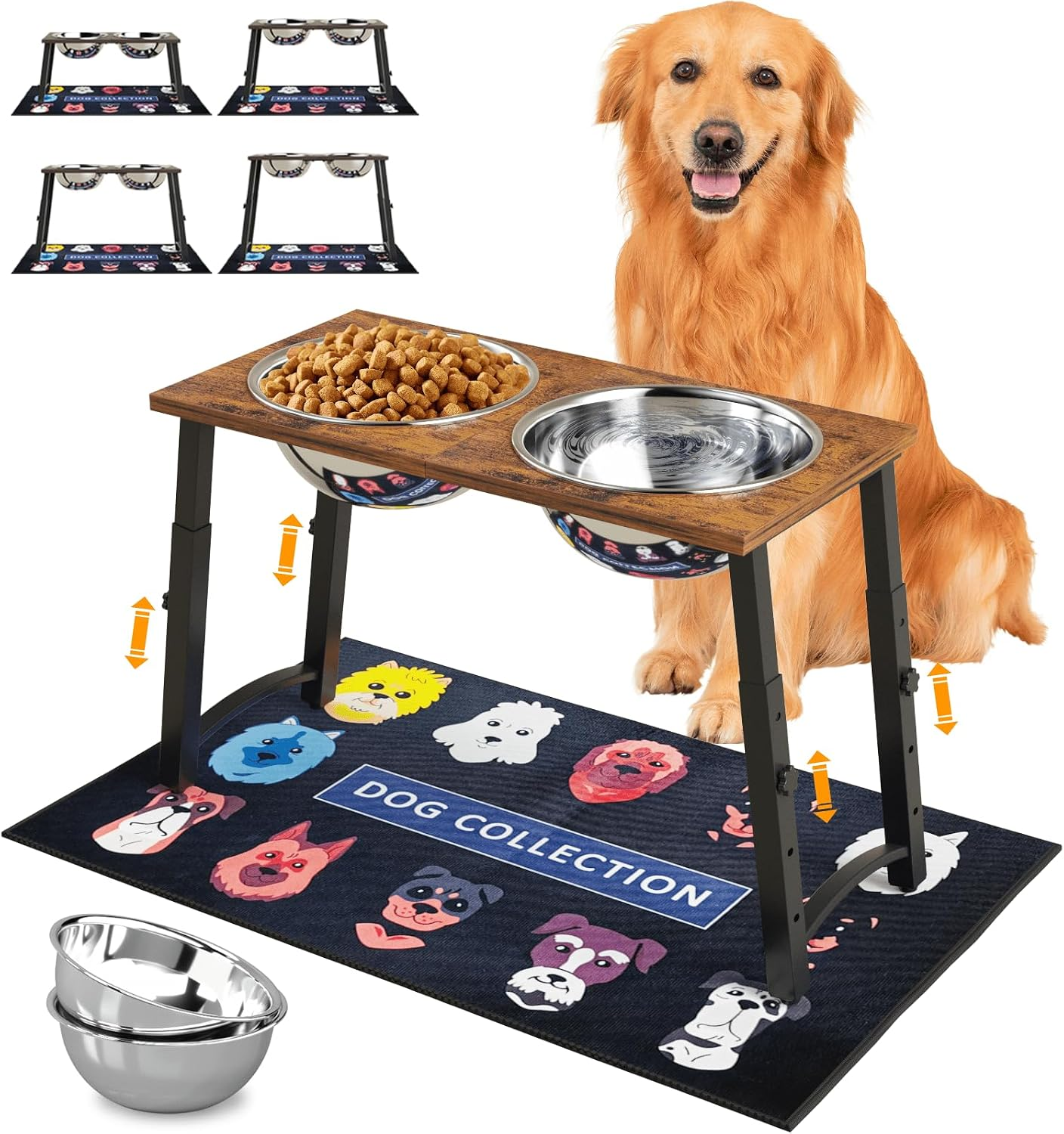 Dog standing next to a elevated feeding station with bowls on a 'Dog Collection' mat.
