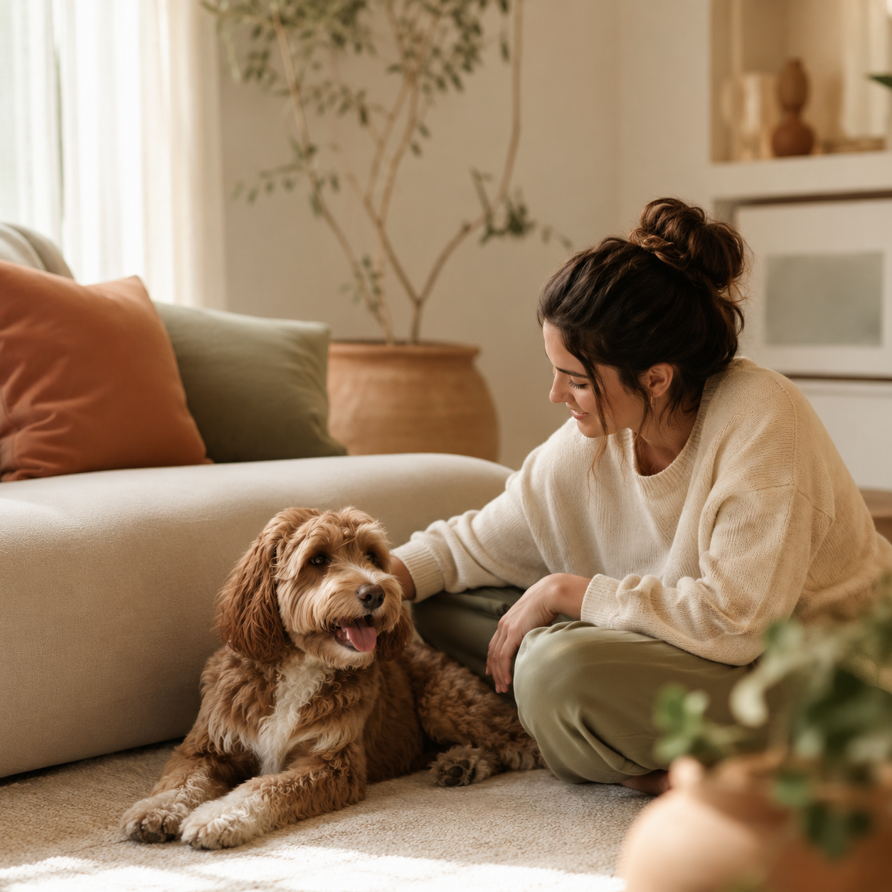 Dog parent sitting with a happy dog in a cozy home setting for Good Pup Living contact page.