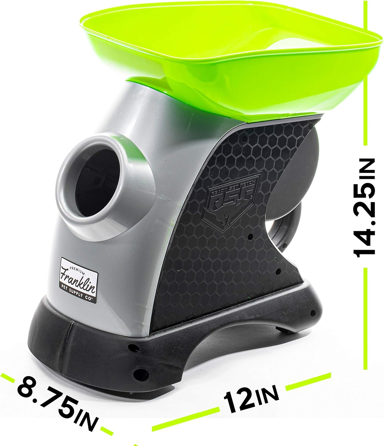 Gray and black meat grinder with green funnel on a white background