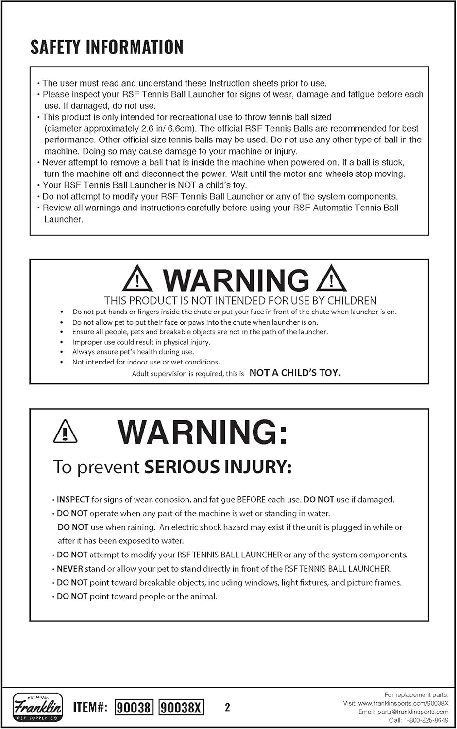 Safety information and warning labels for an ISF Tennis Ball Launcher on a white background
