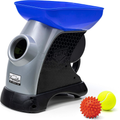 Dog toy thrower with a blue top and gray body, accompanied by two balls on a white background.
