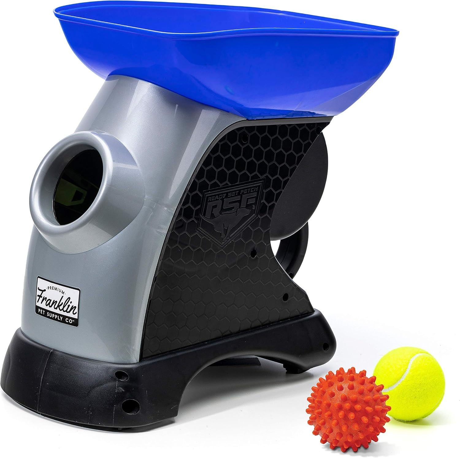 Dog toy thrower with a blue top and gray body, accompanied by two balls on a white background.