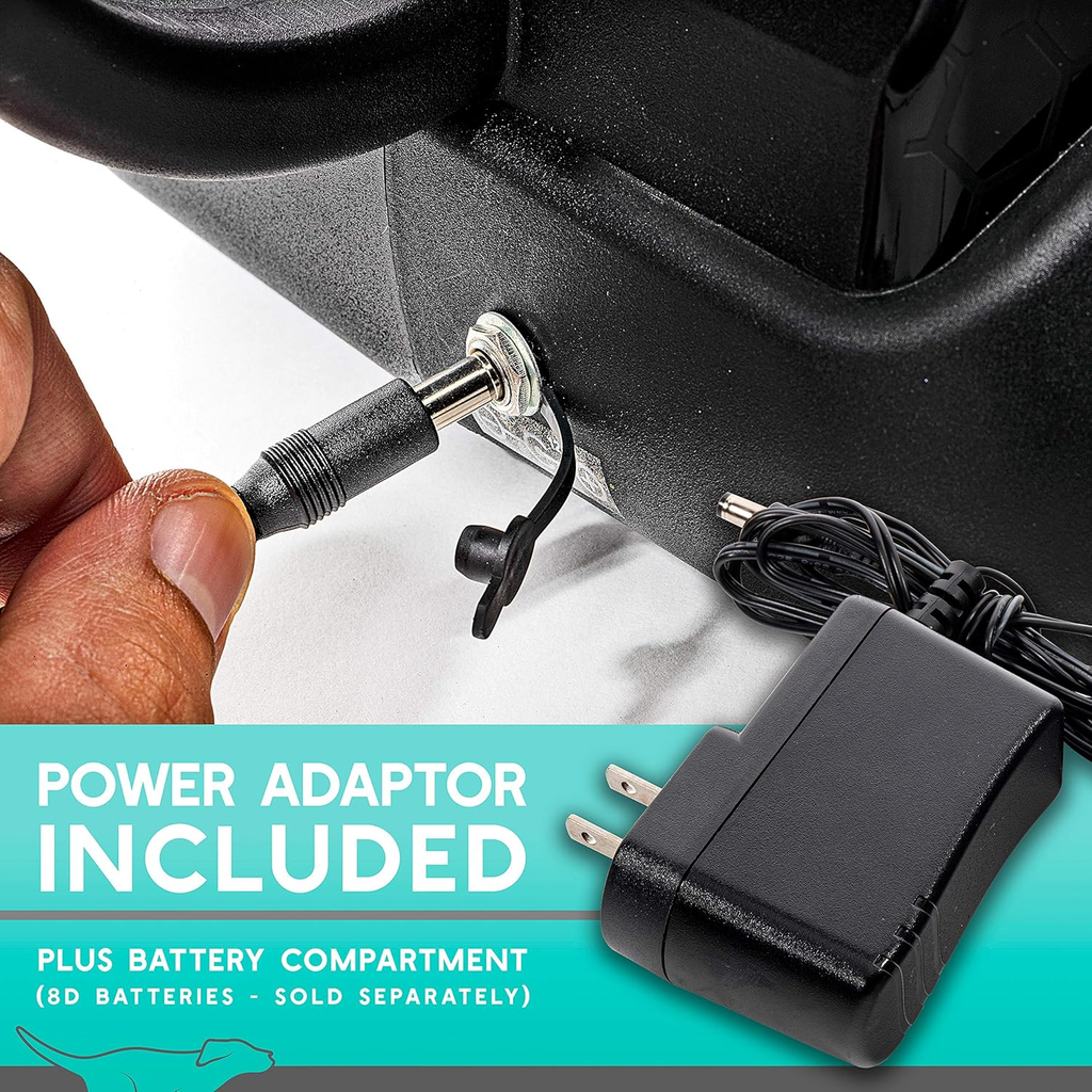 Power adapter being connected to a device with text indicating included power adapter and battery compartment.