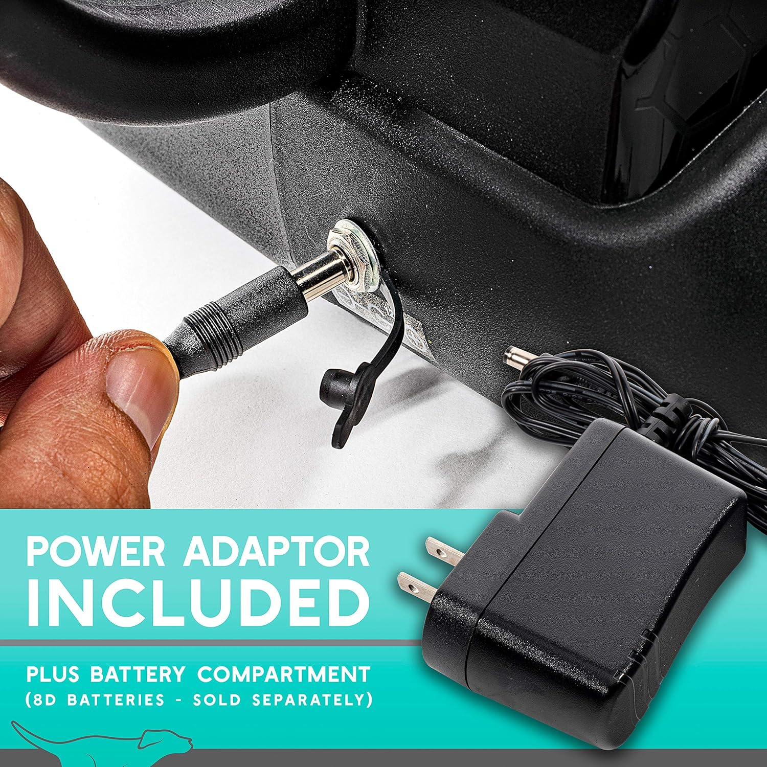 Power adapter being connected to a device with text indicating included power adapter and battery compartment.