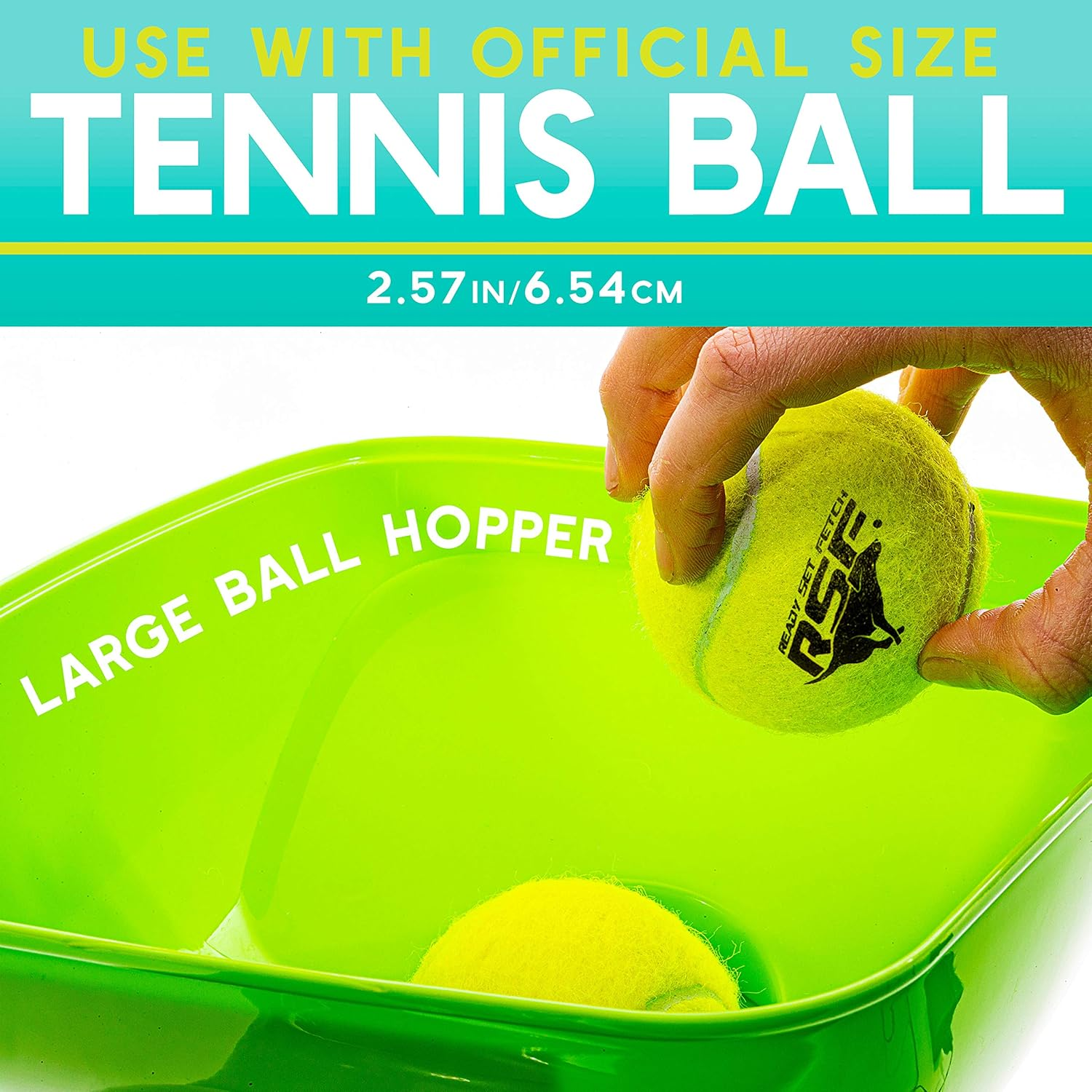 Green ball hopper with a tennis ball being placed into it, labeled 'Large Ball Hopper'.