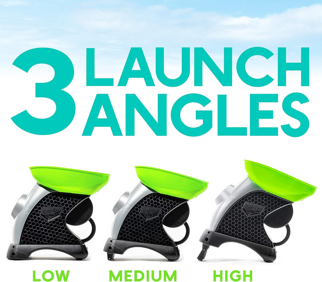Three launch angle devices with green nozzles labeled 'Low', 'Medium', and 'High' against a blue sky background.