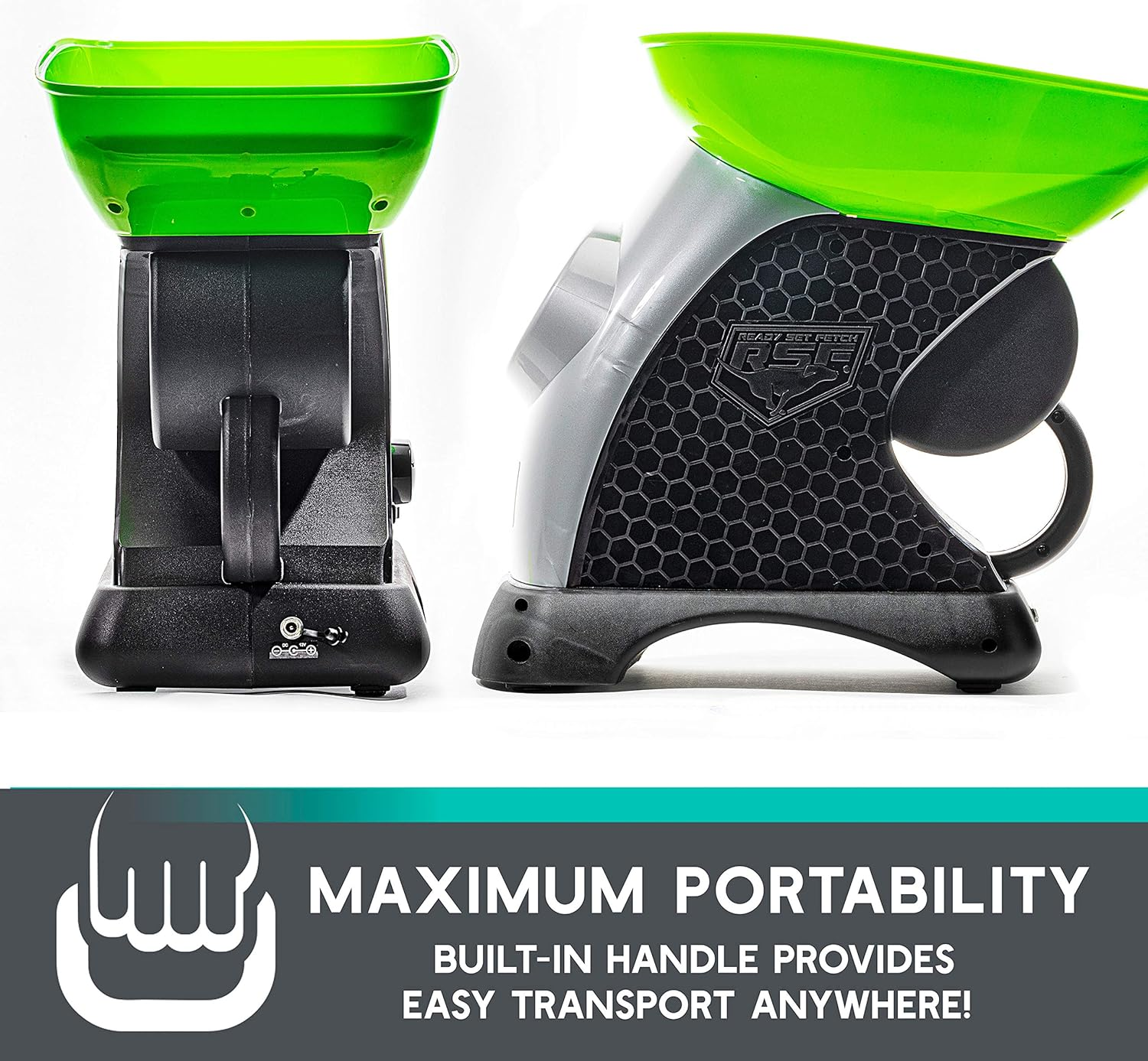 Two green and black machines with a handle, emphasizing portability.