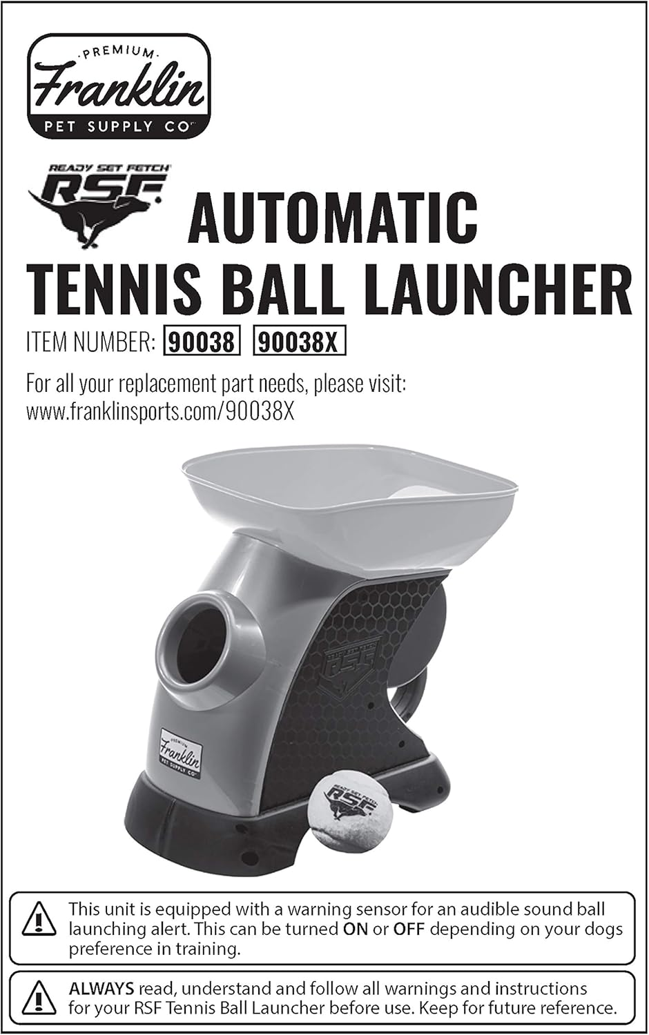 Franklin Automatic Tennis Ball Launcher with branding and product details on a white background