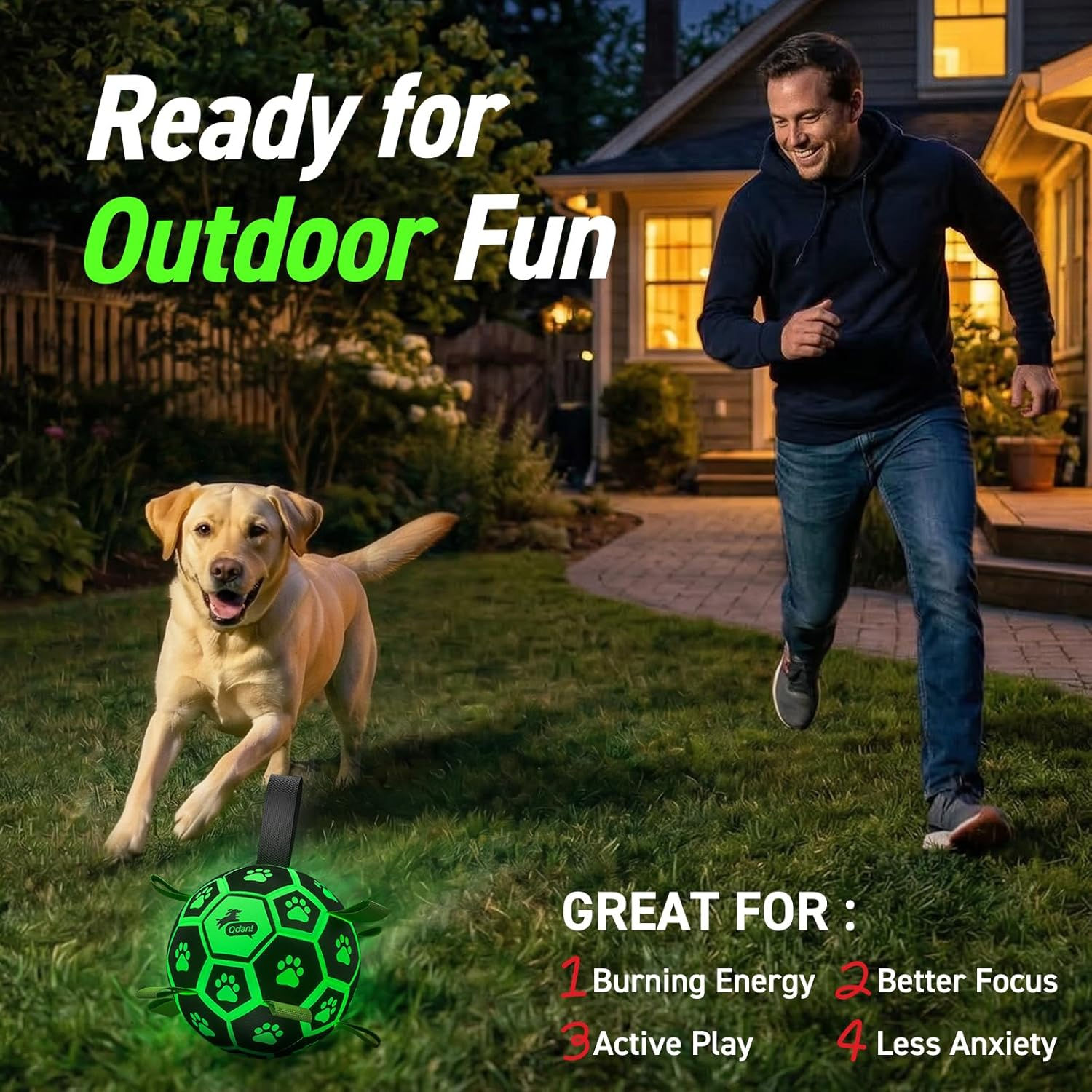 Man and dog playing with a ball in a backyard with text 'Ready for Outdoor Fun'.