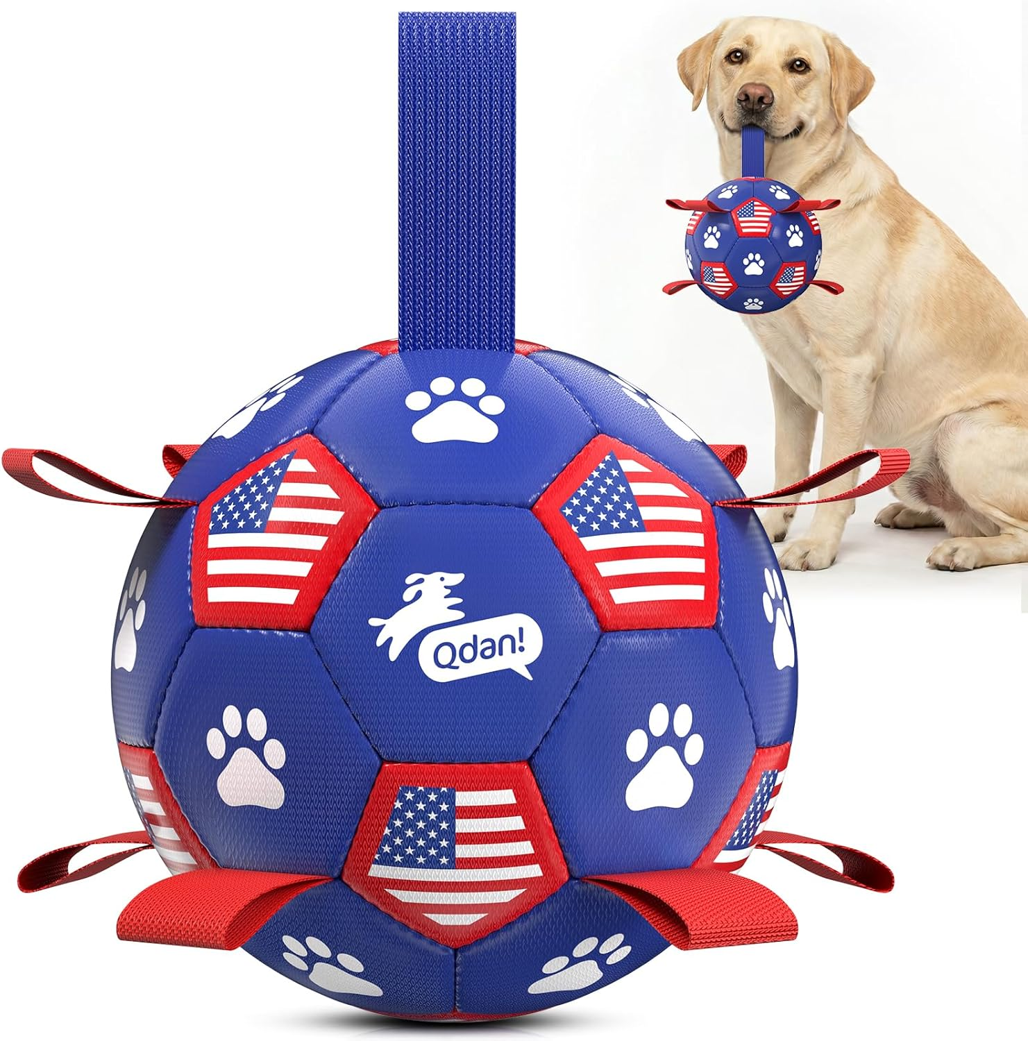 Dog toy shaped like a soccer ball with American flags and paw prints, featuring the brand 'Qdan!'. A dog is sitting next to it.