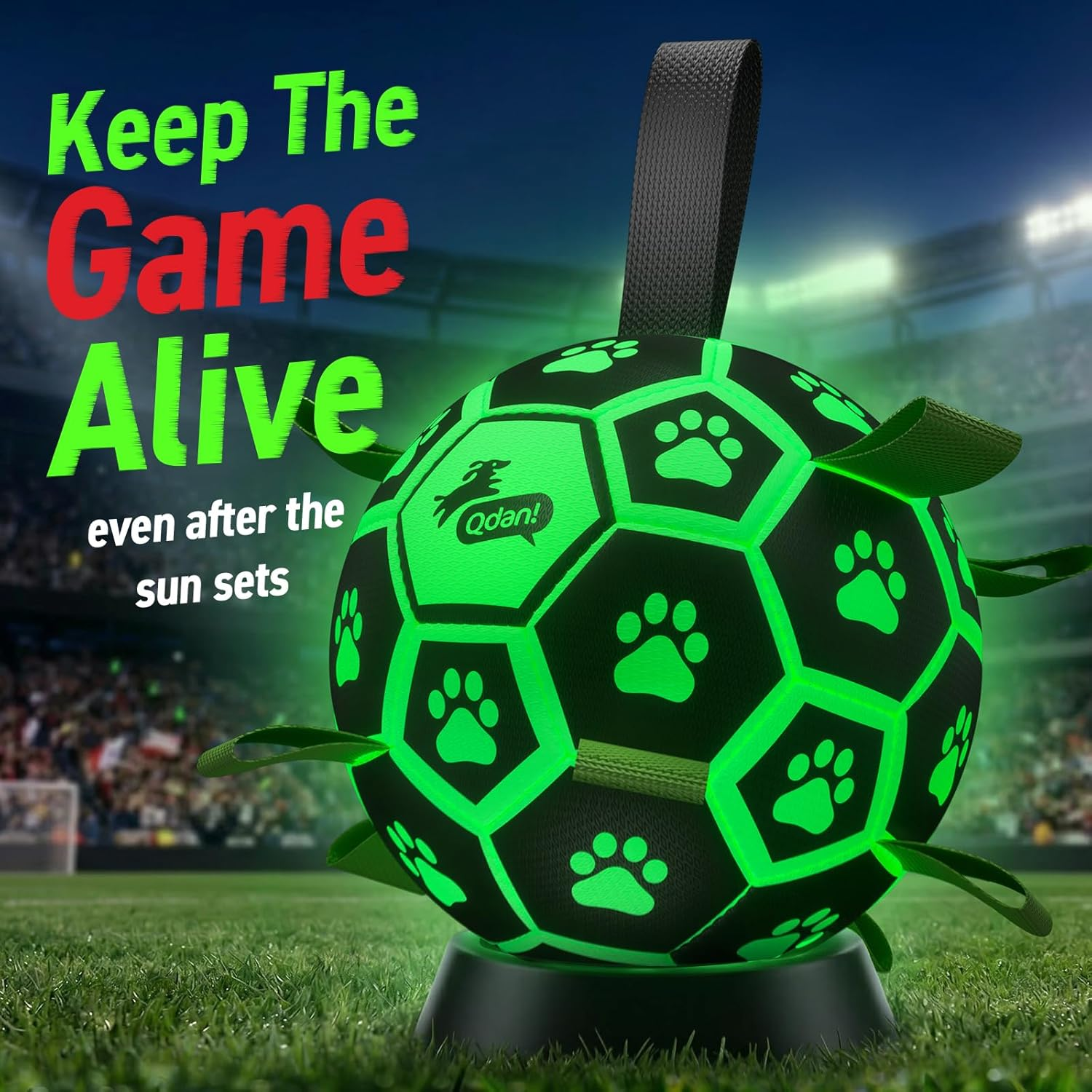 Glowing soccer ball with paw prints on a grass field with stadium lights in the background.