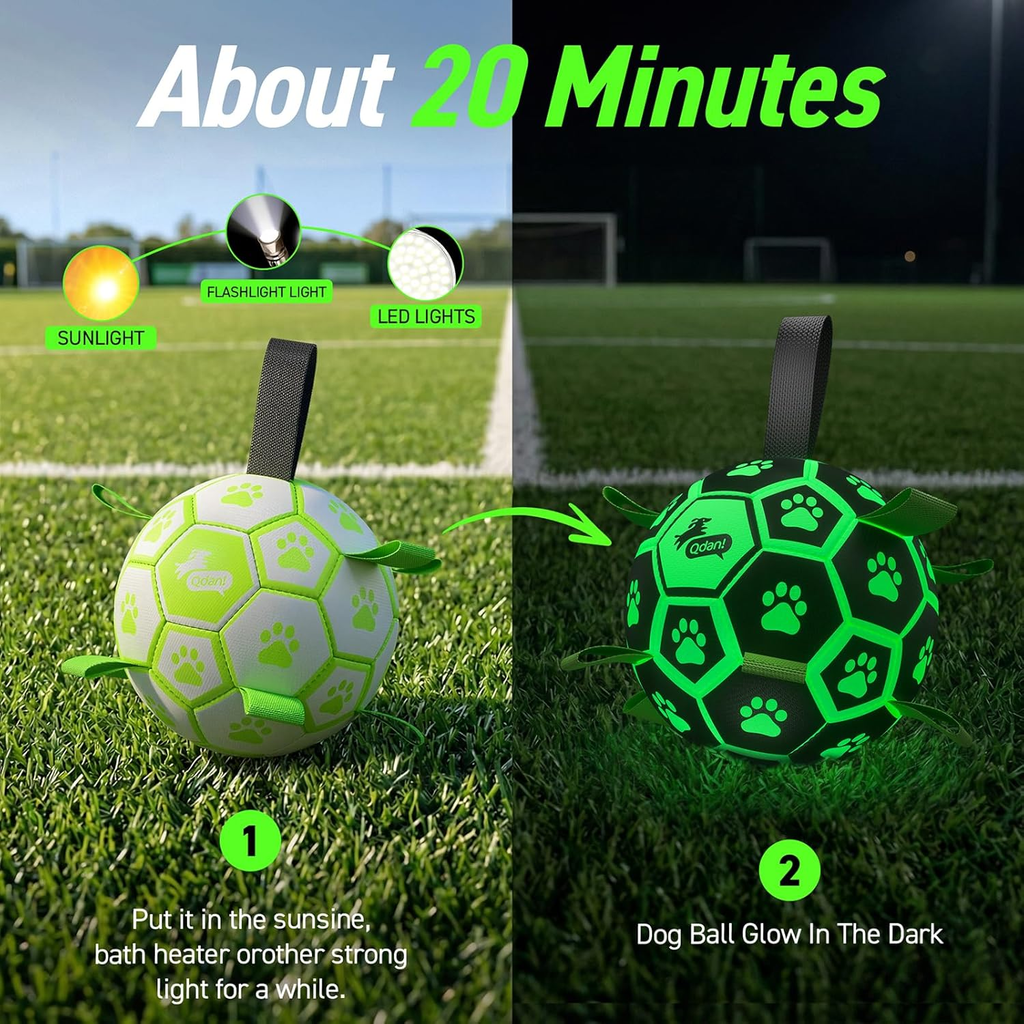 Glowing dog ball with flashlight, LED lights, and paw prints on grass at night.