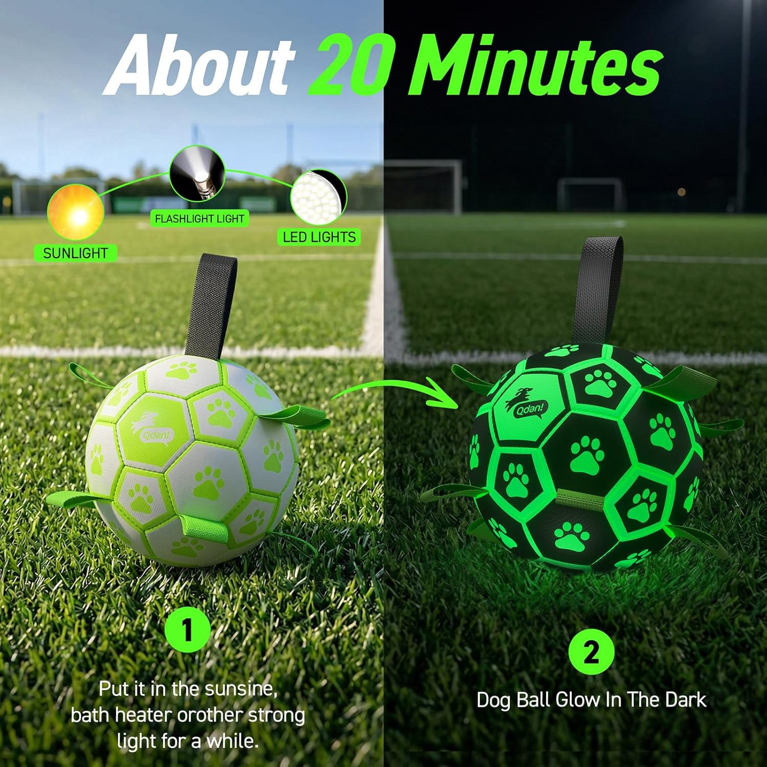 Glowing dog ball with flashlight, LED lights, and paw prints on grass at night.