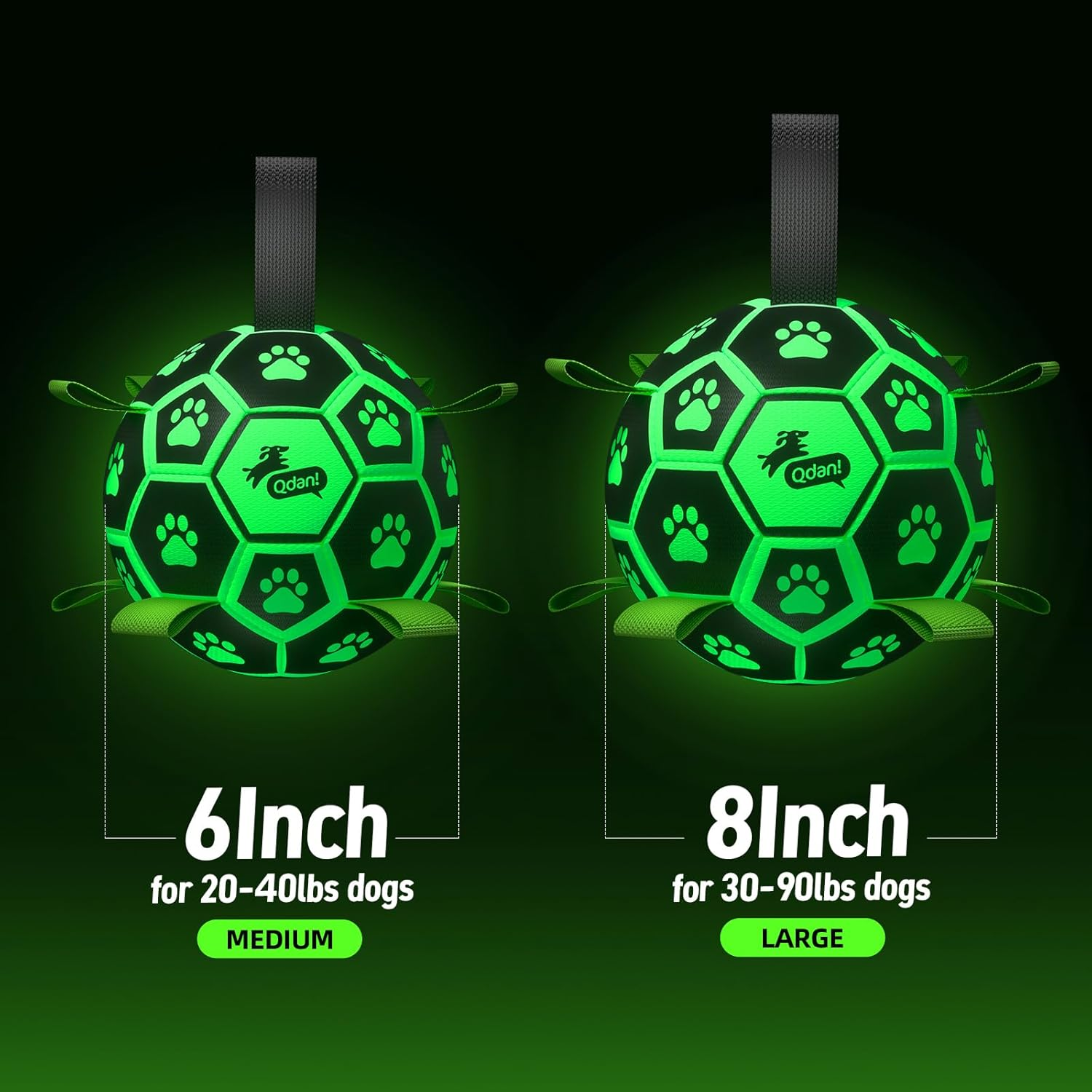 Two green dog toys with paw patterns on a black background, labeled for different sizes.