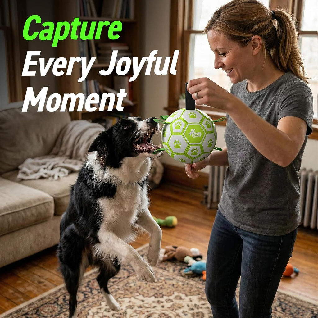 Woman playing with a dog using a green and white ball in a living room.