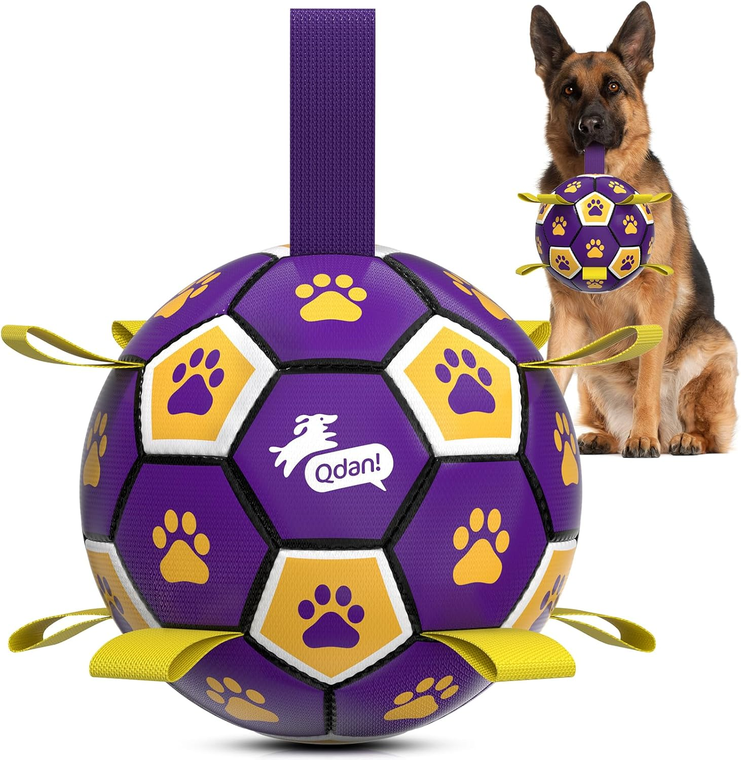 A purple soccer ball dog toy with yellow paw prints and yellow pull tabs, shown in front of a German Shepherd holding the toy. The ball has the brand name 'Qdan!' printed on it.