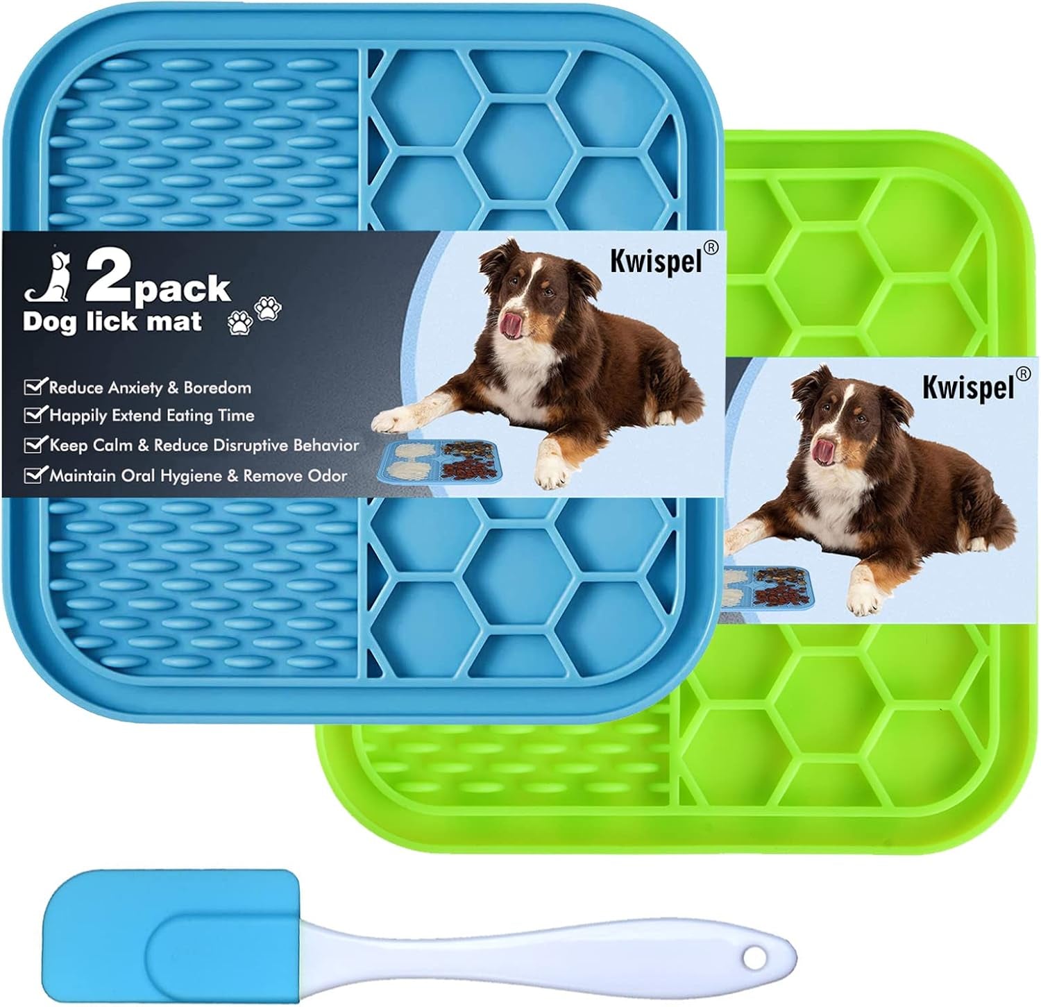 Two dog lick mats, one blue and one green, with a Kwispe brand label on a white background.