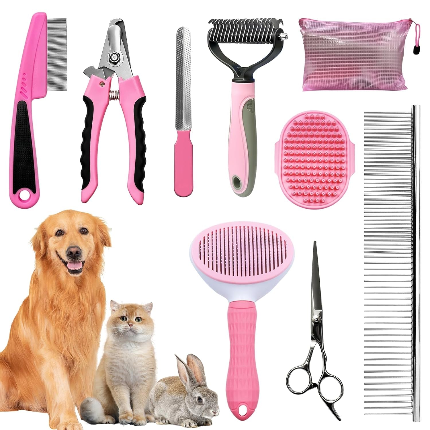 Dog grooming kit with brushes, combs, nail clippers, scissors, and coat care tools for at-home dog grooming.