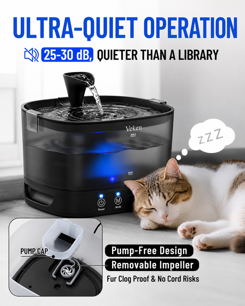 A Veken M200 pet water fountain shown with a sleeping cat on a light floor, under the text 'ULTRA-QUIET OPERATION 25-30 dB, QUIETER THAN A LIBRARY.' The fountain is black with blue LED lighting, and the image includes feature callouts such as 'Pump-Free Design,' 'Removable Impeller,' and 'For Clog Proof & No Cord Risks.