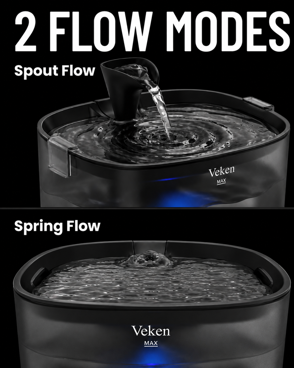 A black Veken MAX water fountain shown in a split-screen comparison with two flow modes: 'Spout Flow' at the top and 'Spring Flow' at the bottom. Large white text at the top reads '2 FLOW MODES'.