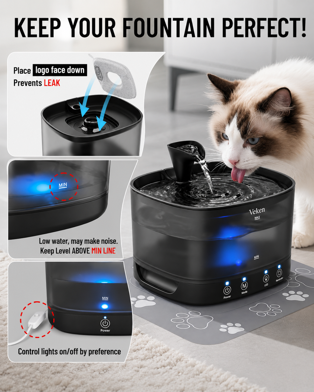 A cat drinking from a black automatic pet fountain with blue LED lighting, shown in a home setting with instructional callouts on the left. A cat is visible on the right, and the image includes text explaining how to orient the lid and how the low water level affects noise.