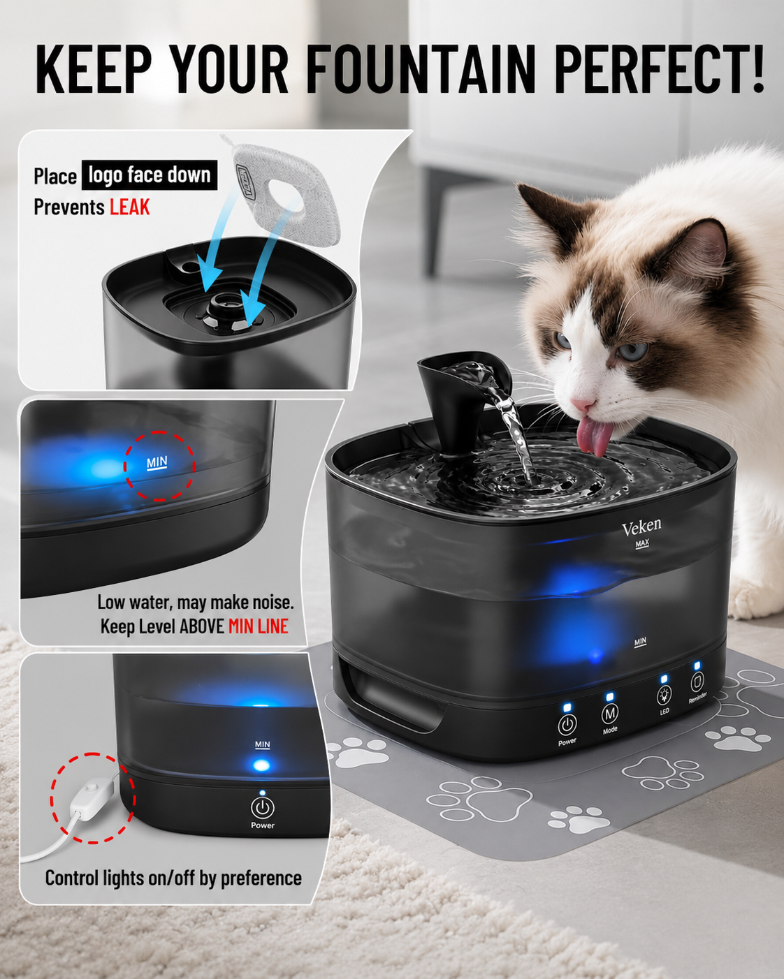 A cat drinking from a black automatic pet fountain with blue LED lighting, shown in a home setting with instructional callouts on the left. A cat is visible on the right, and the image includes text explaining how to orient the lid and how the low water level affects noise.