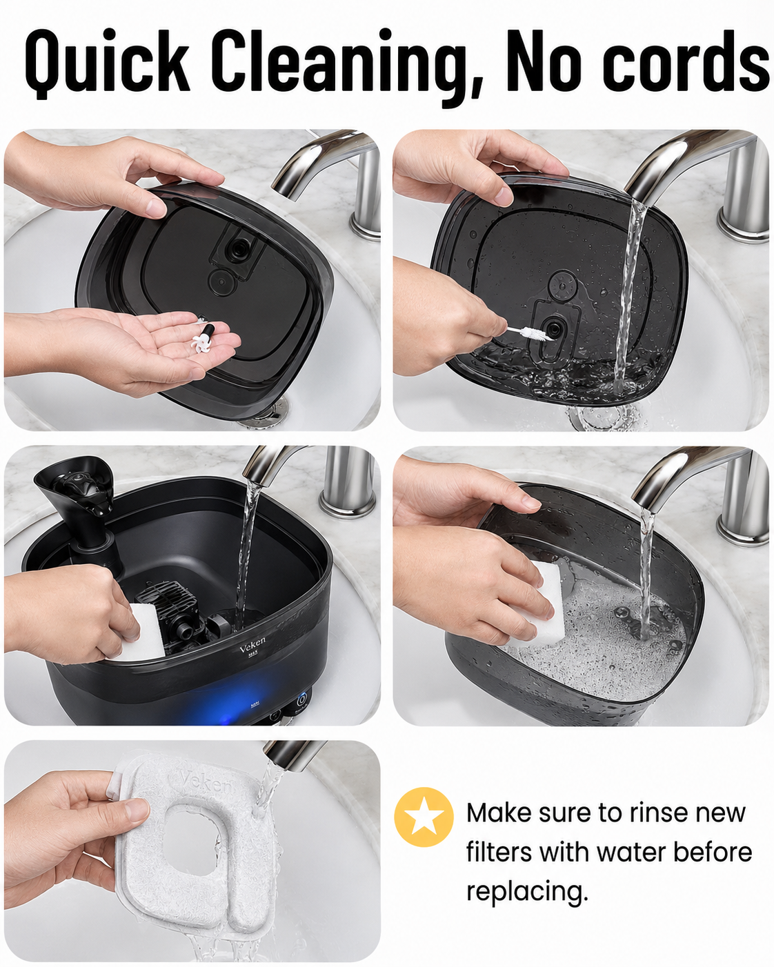A 5-panel instructional collage demonstrating how to clean and replace filters on a black cordless device, with text reading 'Quick Cleaning, No cords' and instructions to rinse new filters with water.