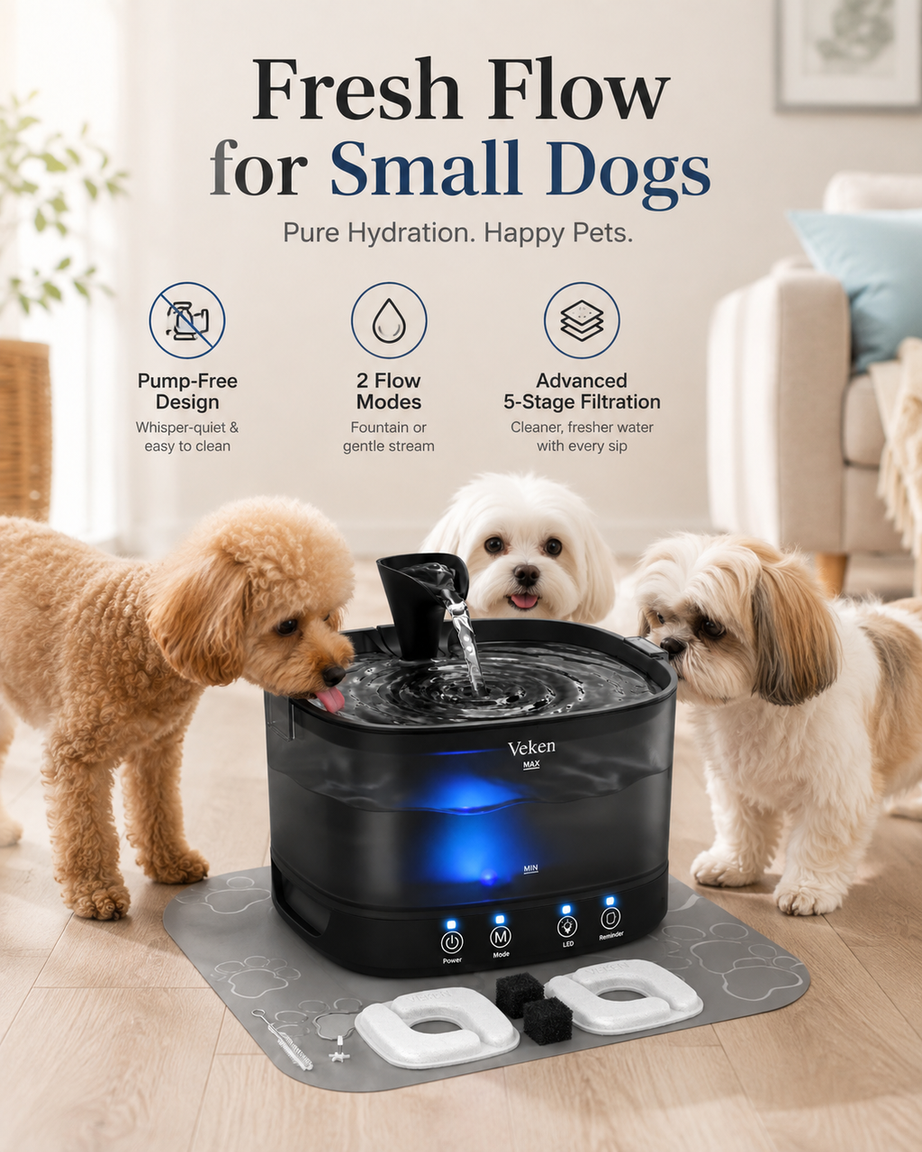 A small automatic pet water fountain with a black body and blue illuminated base, shown with three small dogs in a bright living room. Large text at the top reads 'Fresh Flow for Small Dogs' with feature icons above.