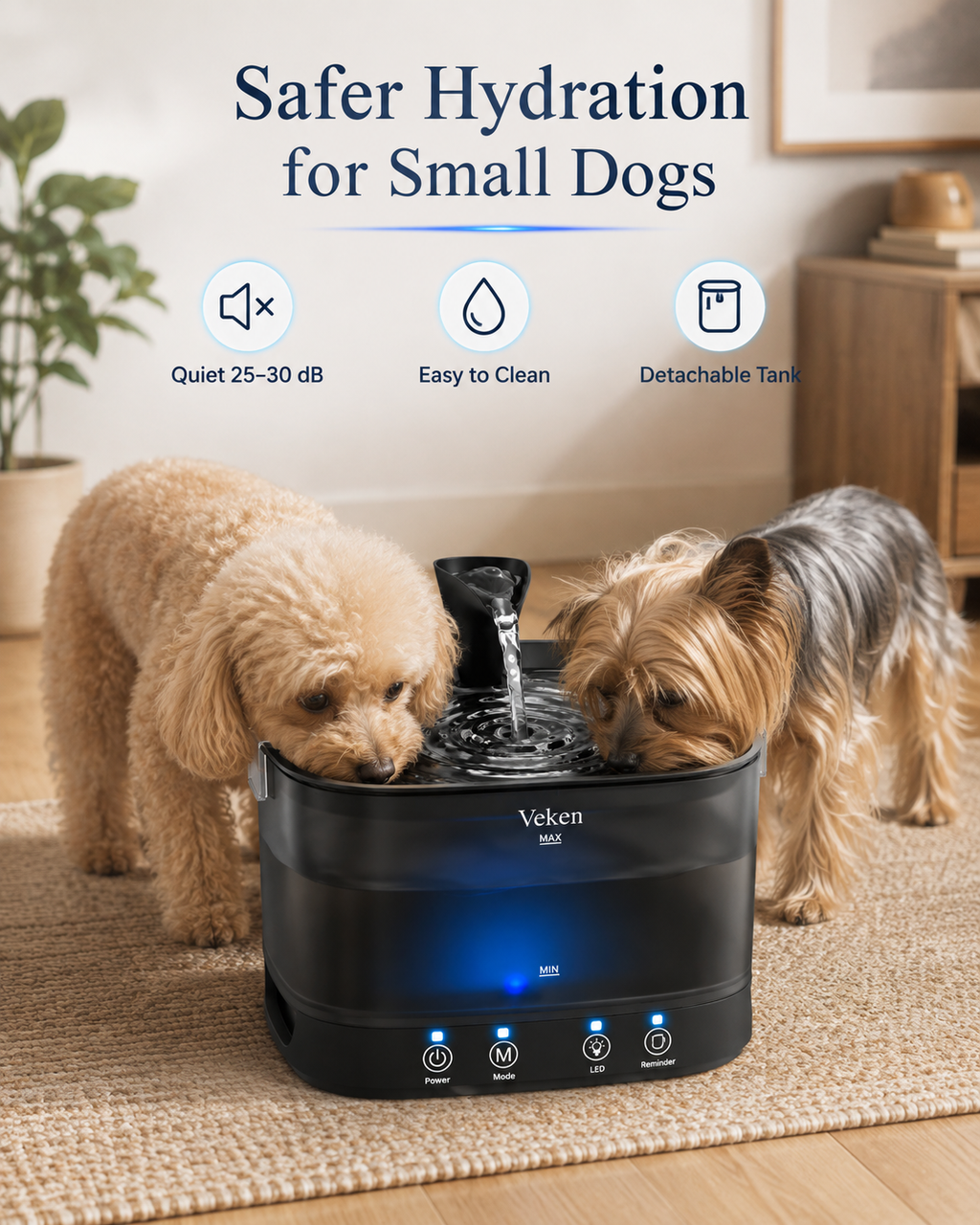 A Veken pet water fountain with a black base and blue illuminated interior, shown with two small dogs drinking from the top. The scene is set in a home interior with text overlays highlighting features like quiet operation, easy cleaning, and a detachable tank.