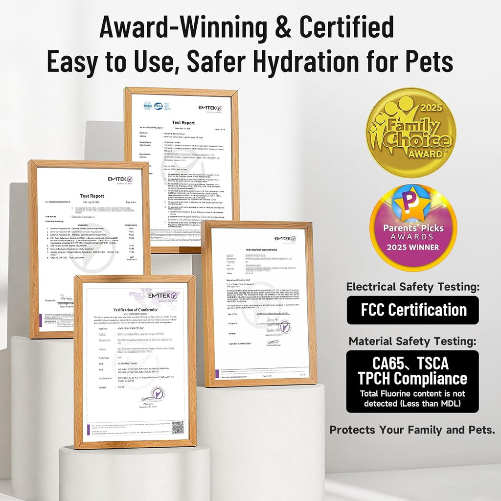 Certified pet hydration product with award logos and text on a white background