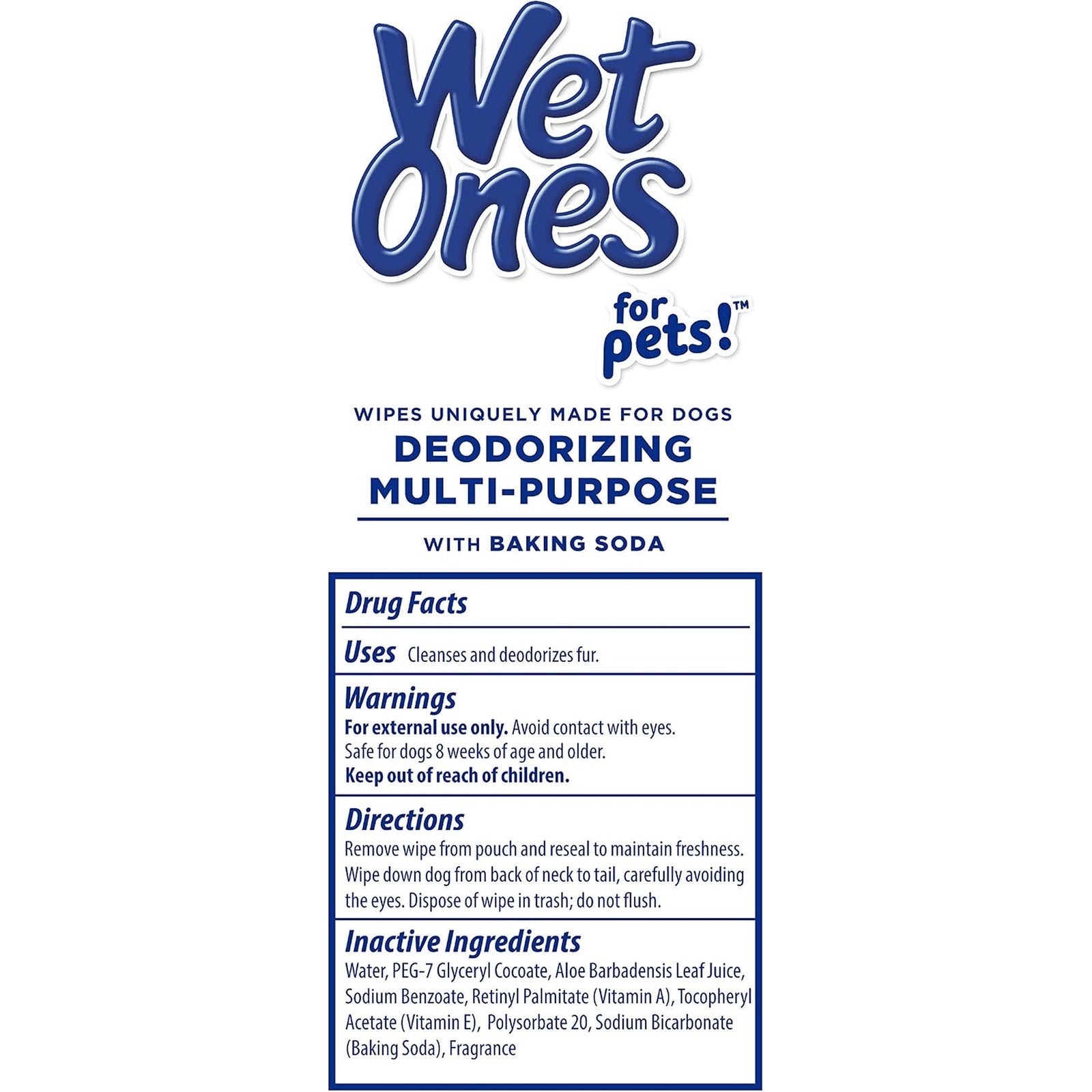 Wet Ones for Pets deodorizing multi-purpose wipes packaging showing the blue Wet Ones logo and product information on a white background.