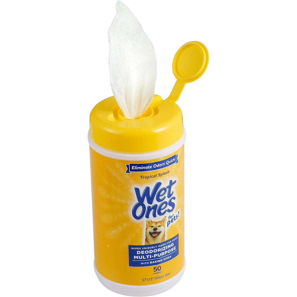 A container of Wet Ones Pet multi-purpose wipes with a yellow lid, a white wipe pulled out from the top, and a yellow flip-up spout, on a white background.