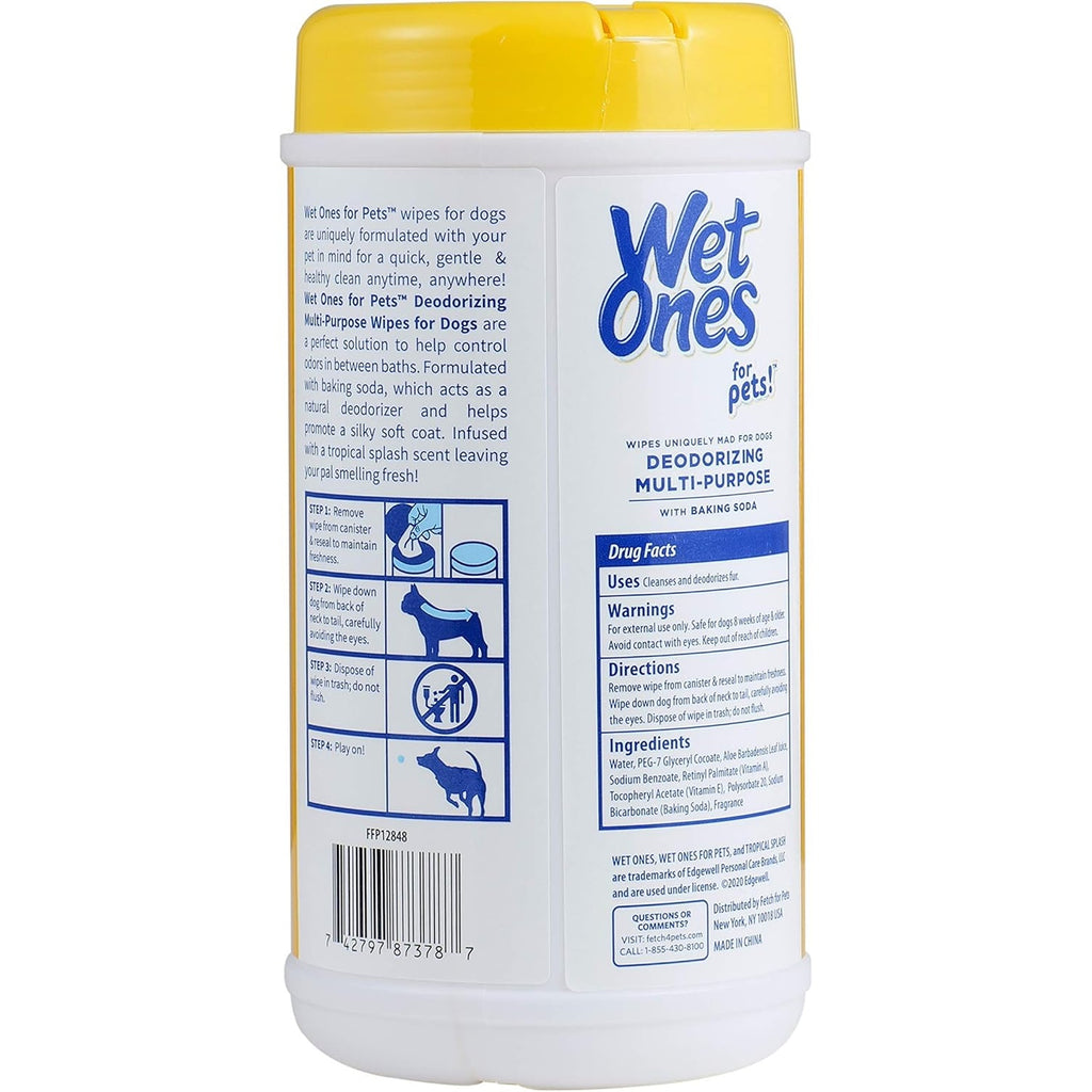 A bottle of Wet Ones for Pets Multi-Purpose Deodorizing Wipes, featuring a white plastic container with a bright yellow cap and a white label with blue text and graphics.