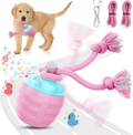 Pink dog toy with rope and ball, featuring a dog and music notes on a white background
