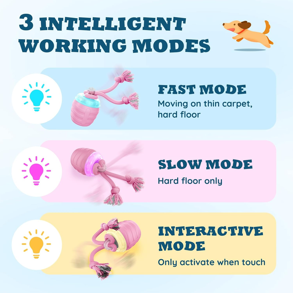 An infographic explaining three intelligent working modes of a pet tug toy: Fast Mode for thin carpet or hard floors, Slow Mode for hard floors only, and Interactive Mode which requires touch activation. The graphic features three colored horizontal bands (light blue, light pink, and light yellow) with illustrations of the pink and blue tug toy and explanatory text.
