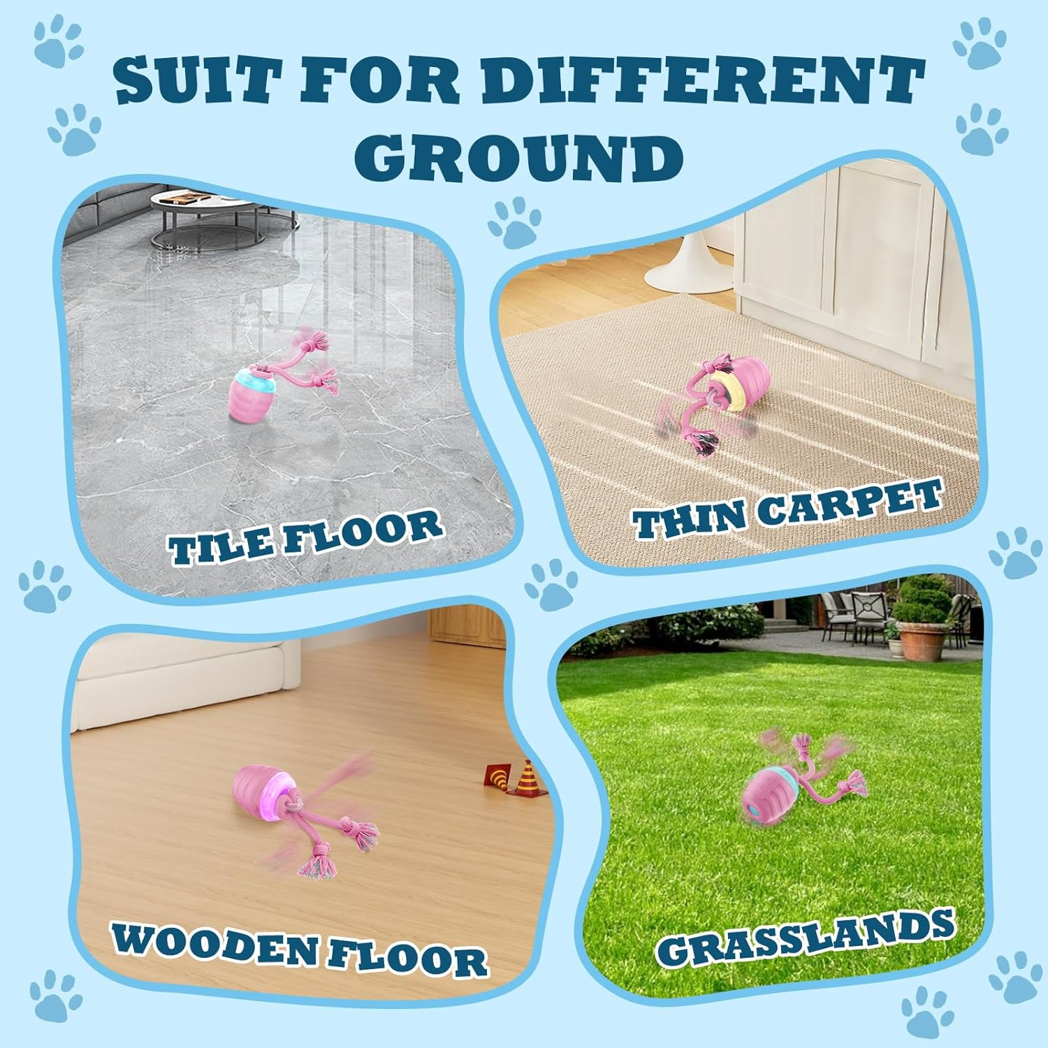 Product suitability for various flooring types on a blue background with paw prints.